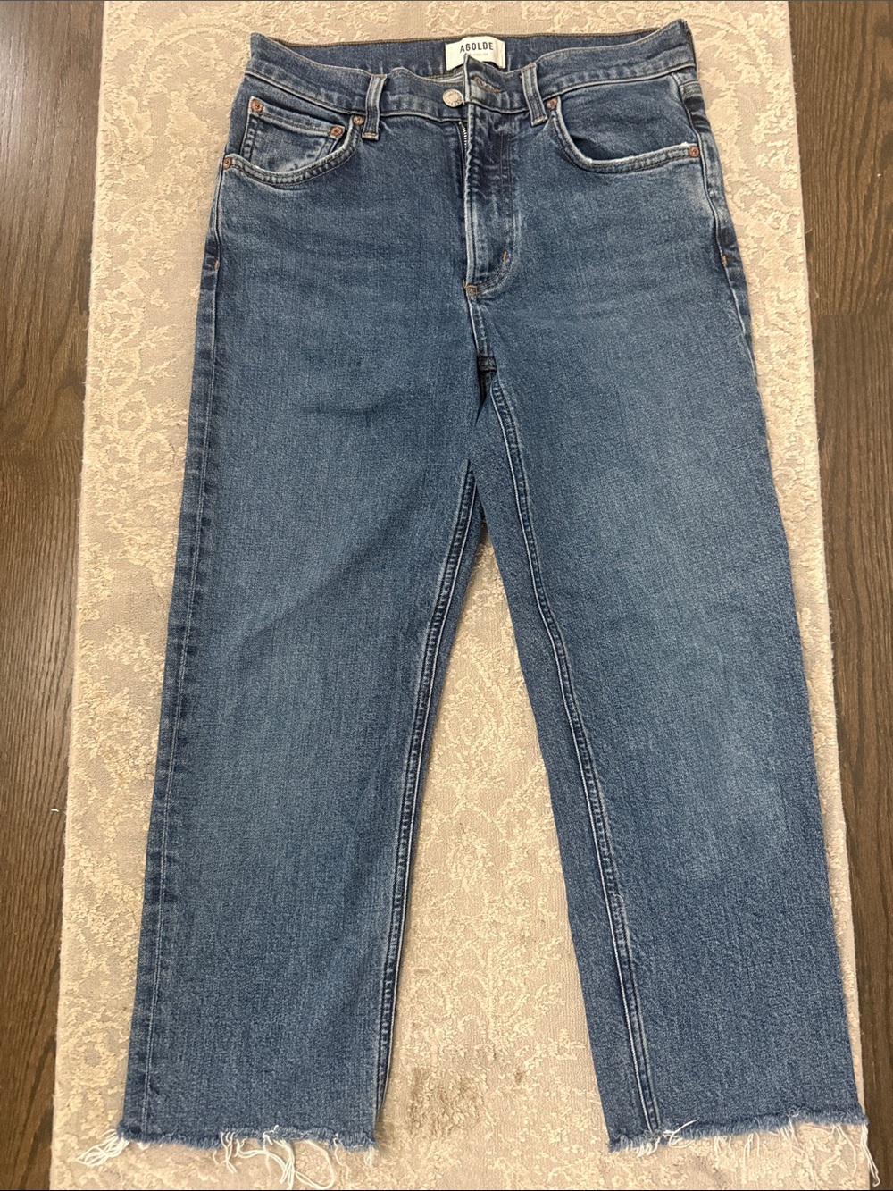 Agolde Mid Blue Straight Jeans with Raw Hem